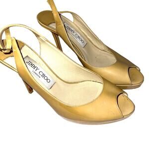 Jimmy Choo Patent Leather Nova Sling Back Nude Peep Toe Heels US 6 EU 36.5
